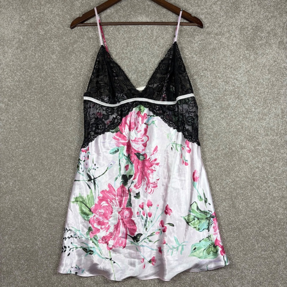 Secret Treasures Pink Floral Satin Lace Trim Chemise Nightgown XL 16-18